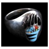 Zuni Inlaid Turquoise, Coral, Onyx & Opal Paw Ring