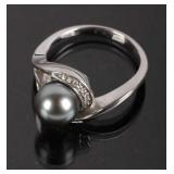 14k White Gold Tahitian Blue Pearl & Diamond Ring