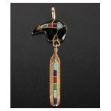 14k Gold Navajo Multistone Bear & Feather Pendant