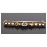 14k Gold Victorian Aquamarine & Seed Pearl Brooch