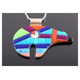 Navajo Sterling Silver Bear Inlaid Stone Necklace