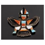 Signed Zuni Birdman Multistone & Silver Brooch Pin
