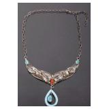 Signed Navajo Sterling & Turquoise, Coral Necklace
