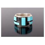 Navajo Sterling Inlay Ring With Turquoise and Jet