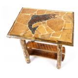 Rustic Inlaid Stone & Peeled Log Trout End Table