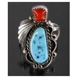 Navajo Silver, Oxblood Coral, & Turquoise Ring