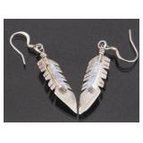 Navajo Silver & Inlaid Opal Feather Motif Earrings