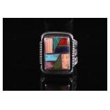 Signed Sterling Silver Mosaic Inlay Ring