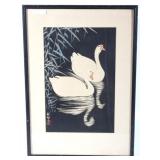 Swan and Reeds Woodcut Print by Shoson Ohara c1928