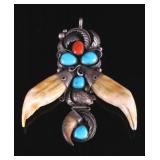 Navajo Bear Tooth Turquoise & Coral Silver Pendant