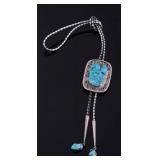 Signed Navajo Red Mtn. Turquoise & Silver Bolo Tie