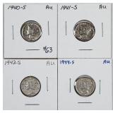 1940-S, 41-S, 42-S & 44-S  Mercury Dimes   AU