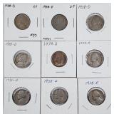 Lot of 9   1938-D  Buffalo Nickels