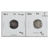 1865 & 1866  Three Cents Nickels  damaged