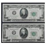 2 Consecutive 1950 $20  Fedreal Reserve Notes  CU