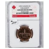1992  Canada  One Dollar  Parliament   NGC Gem Unc