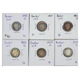 Group of 6  Barber Dimes   G