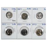 Group of 6  Jefferson Nickels  AU-BU 1968-S - 77-D