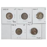 Group of 5  1942-D  Jefferson Nickels  VF