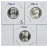 1946, 1946-D & 1946-S  Washington Quarters  AU-Unc