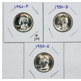1950, 1950-D & 1950-S  Washington Quarters  Unc