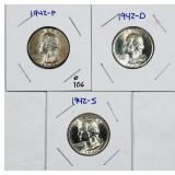 1942, 1942-D & 1942-S  Washington Quarters  AU-Unc
