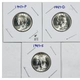 1947, 1947-D & 1947-S  Washington Quarters  Unc