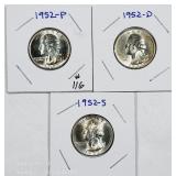 1952, 1952-D & 1952-S  Washington Quarters  Unc