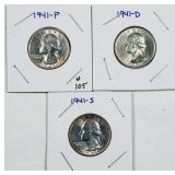 1941, 1941-D & 1941-S  Washington Quarters  AU-Unc