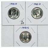 1945, 1945-D & 1945-S  Washington Quarters  AU-Unc