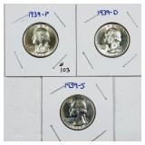 1939, 39-D & 39-S  Washington Quarters  AU-Unc