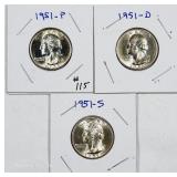 1951, 1951-D & 1951-S  Washington Quarters  AU-Unc