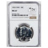 1965 SMS  Kennedy Half Dollar   NGC MS-67