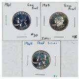 1961, 1963 & 1964  Washington Quartes  Gem Proof