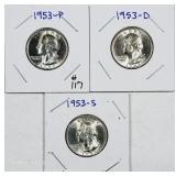 1953, 1953-D & 1953-S  Washington Quarters  AU-Unc