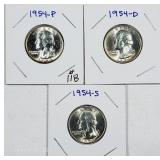 1954, 1954-D & 1954-S  Washington Quarters  Unc
