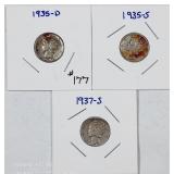1935-D, 1935-S & 1937-S  Mercury Dimes  VF