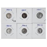 1937-S, 39, 39, 40-D, 40-S & 41-D  Mercury Dimes