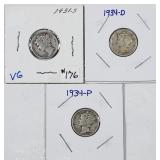1931-S, 1934 & 1934-D  Mercury Dimes   F