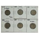 lot of 6;  1883  'No Cents'  Liberty Nickels VG-XF