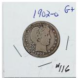 1902-O  Barber Quarter   G+