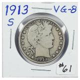 1913-S  Barber Half Dollar   VG-8