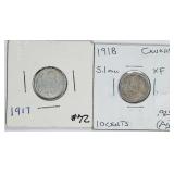 1917 & 1918  Canada  10 Cents silver  VF