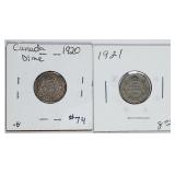 1921 & 1921  Canada  10 Cents silver   VF