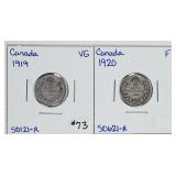 1919 & 1920  Canada  10 Cents silver  VG & F