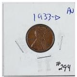 1933-D  Lincoln Cent   AU