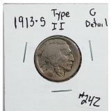 1913-S type 2  Buffalo Nickel   G detail