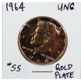 1964  Kennedy Half Dollar  Unc  Gold plated