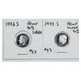 1992-S & 1993-S  90% Silver Roosevelt Dimes  PF