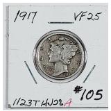 1917  Mercury Dime   VF-25